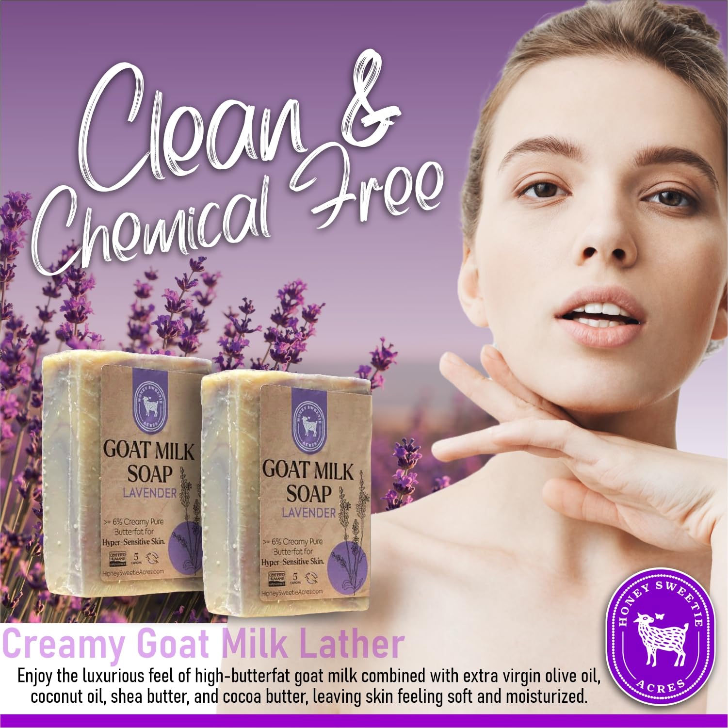Honey Sweetie Acres 2-Pack Lavender Goat Milk Soap - Handmade 5 oz Bar, Made with Natural Ingredients, Moisturizing & Gentle, Made in the USA